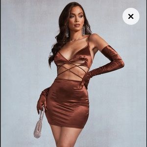 Chocolate Strappy Cut Out Ruched Glove Detail Bodycon Dress